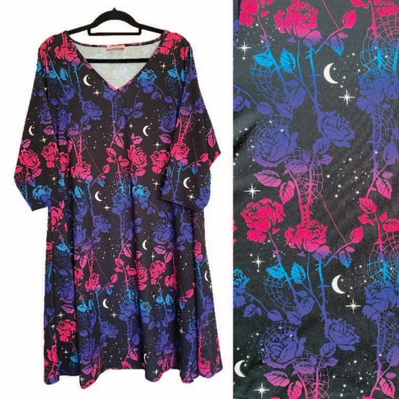 POPSY Midnight Roses A-Line Stretch Whimsigoth Dress w/ Pockets Sz 18 US/ 22 UK - Picture 1 of 13